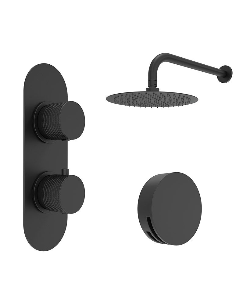 ALITA Knurled Bath Set 4 & Wall Mounted Fixed Head Matt Black ALITA Knurled Bath Set 4 & Wall Mounted Fixed Head Matt Black - Image 1