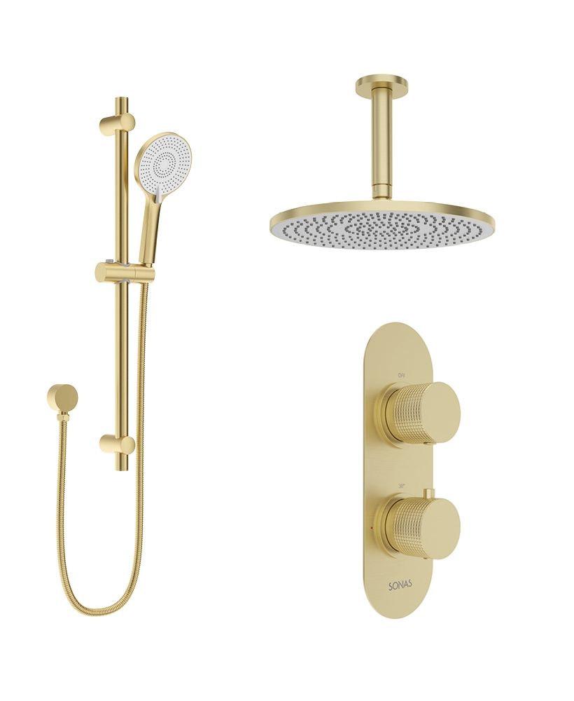 ALITA Knurled Shower Set 1 & Ceiling Mounted Fixed Head Brushed Gold ALITA Knurled Shower Set 1 & Ceiling Mounted Fixed Head Brushed Gold - Image 1