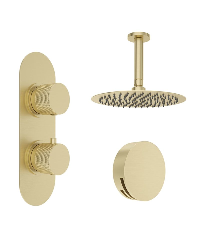 ALITA Knurled Bath Set 4 & Ceiling Mounted Fixed Head Brushed Gold ALITA Knurled Bath Set 4 & Ceiling Mounted Fixed Head Brushed Gold - Image 1