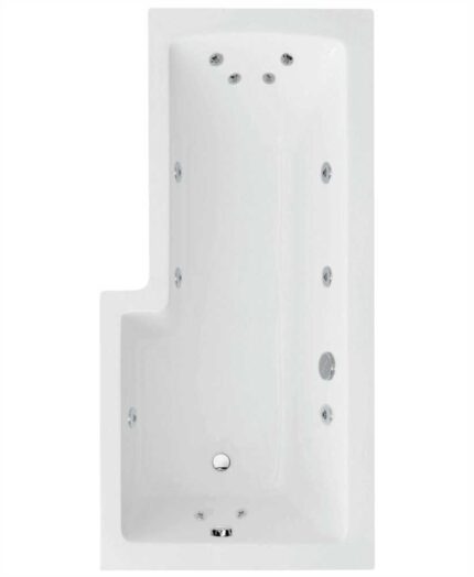 L SHAPE 1700x850mm Right Hand Single Ended 12 White Jet Whirlpool Bath & Panel White with Bath Screen Chrome