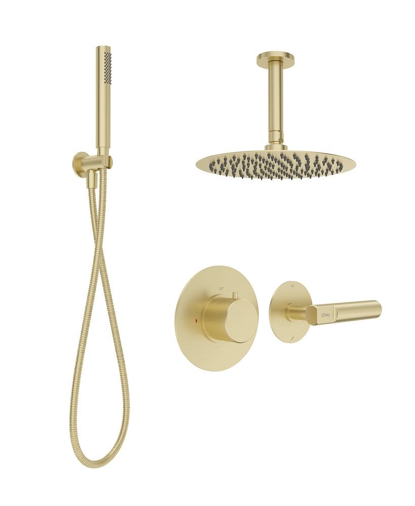 HAKK Thermostatic Shower Set 2 with Ceiling Arm Brushed Gold HAKK Thermostatic Shower Set 2 with Ceiling Arm Brushed Gold - Image 1