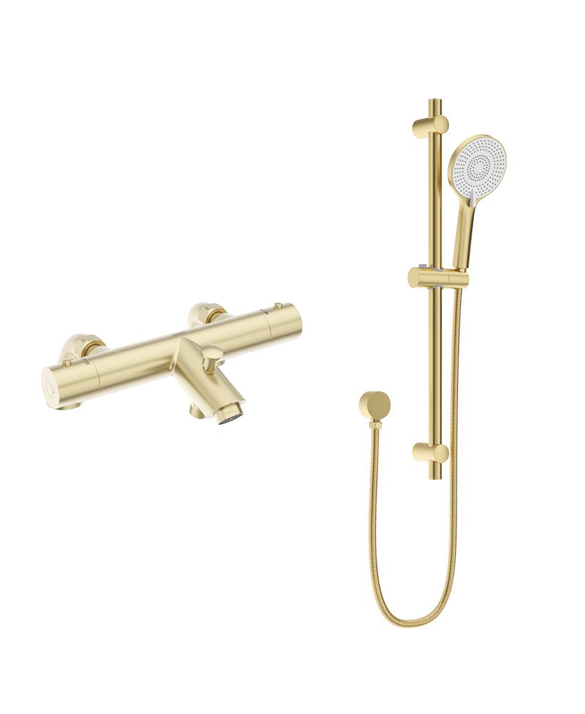 FORM Deck Mounted Thermostatic Bath Shower Mixer& Slide Rail Kit Brushed Gold FORM Deck Mounted Thermostatic Bath Shower Mixer& Slide Rail Kit Brushed Gold - Image 1