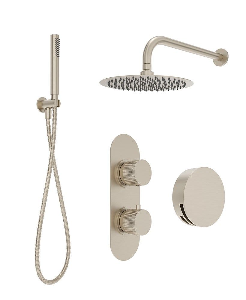 ALITA Knurled Bath Set 3 & Wall Mounted Fixed Head Brushed Nickel ALITA Knurled Bath Set 3 & Wall Mounted Fixed Head Brushed Nickel - Image 1