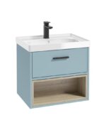MALMO Wall Hung 60cm Single Drawer Vanity Unit - Black, Matt Morning Sky Blue-Gloss Basin